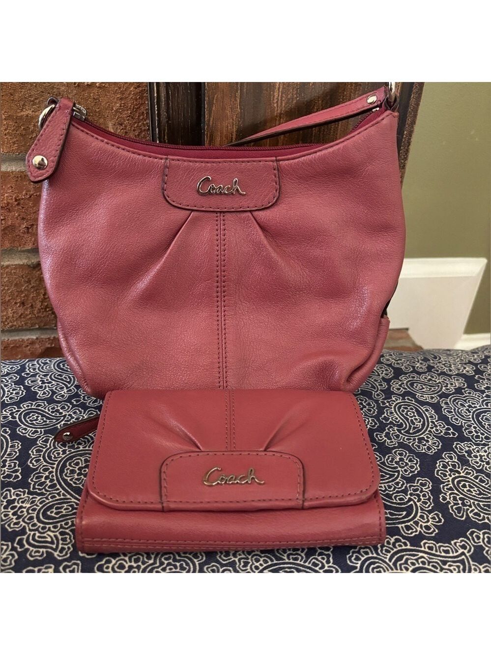 COACH Kristin Leather Hobo Bag & Matching Wallet Set - Berry/Plum Pink